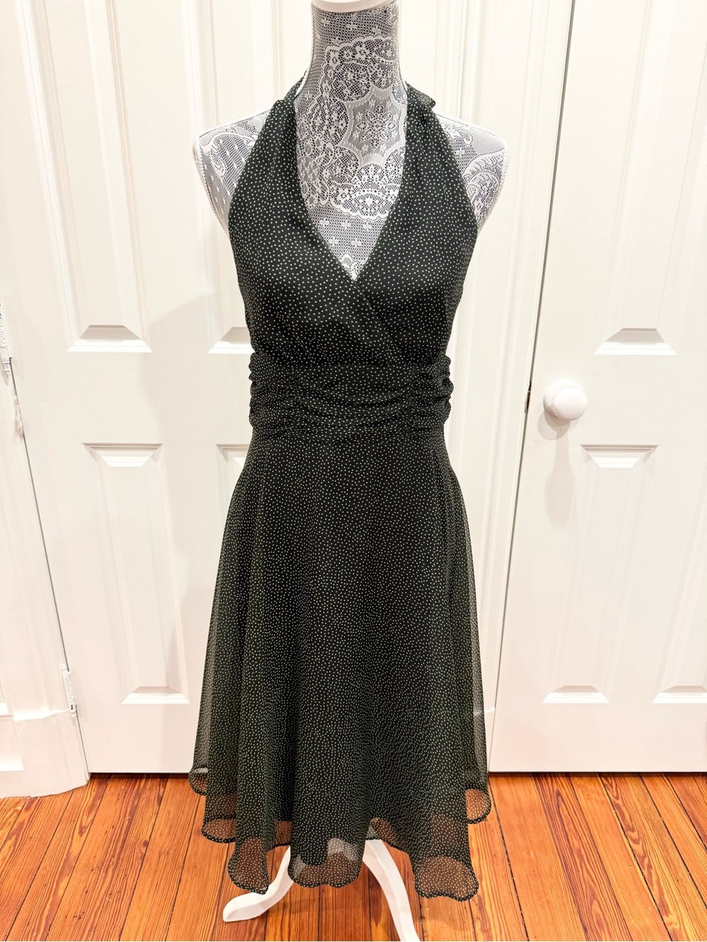 Black Halter Green Polka Dot Dress with Back Neck Tie Sz. 10 Coquette Fairycore